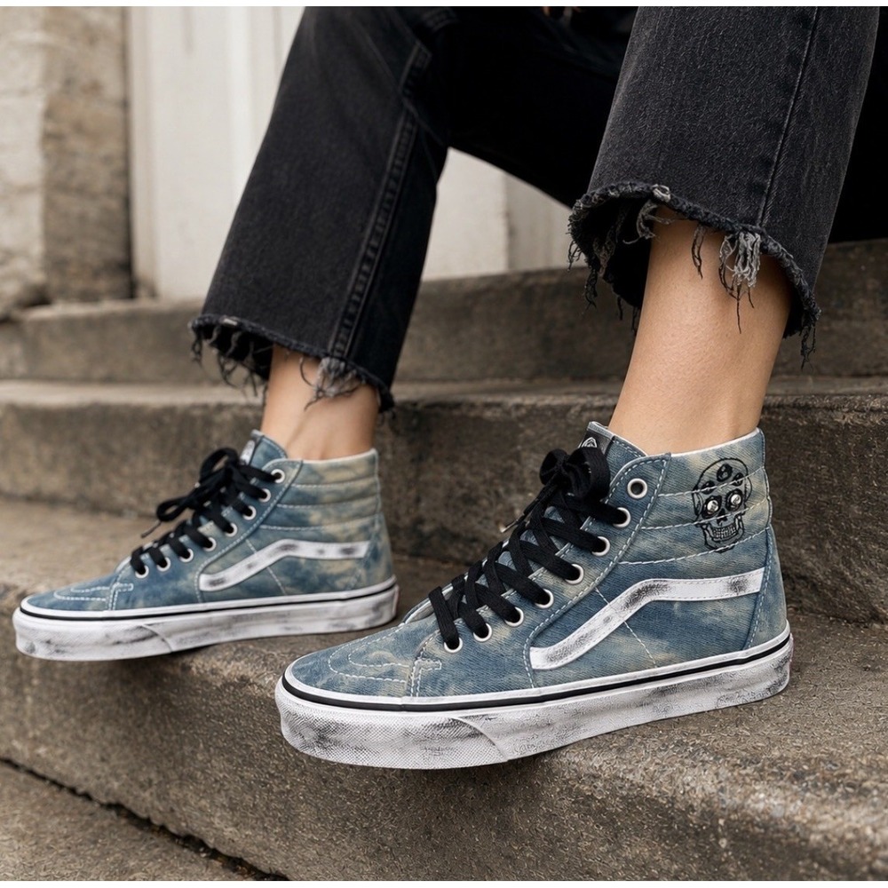 Custom Vans Sk8 Hi Distressed Denim Skulls Women Size 7 / Mens size 5.5 (1 Of 1)